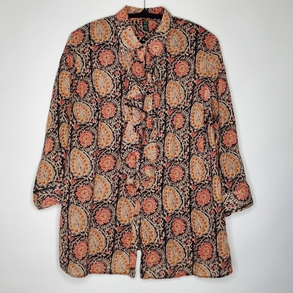Lauren Ralph Lauren Paisley Print Ruffle Blouse Size 1X Button Front Shirt Femme - Picture 12 of 13